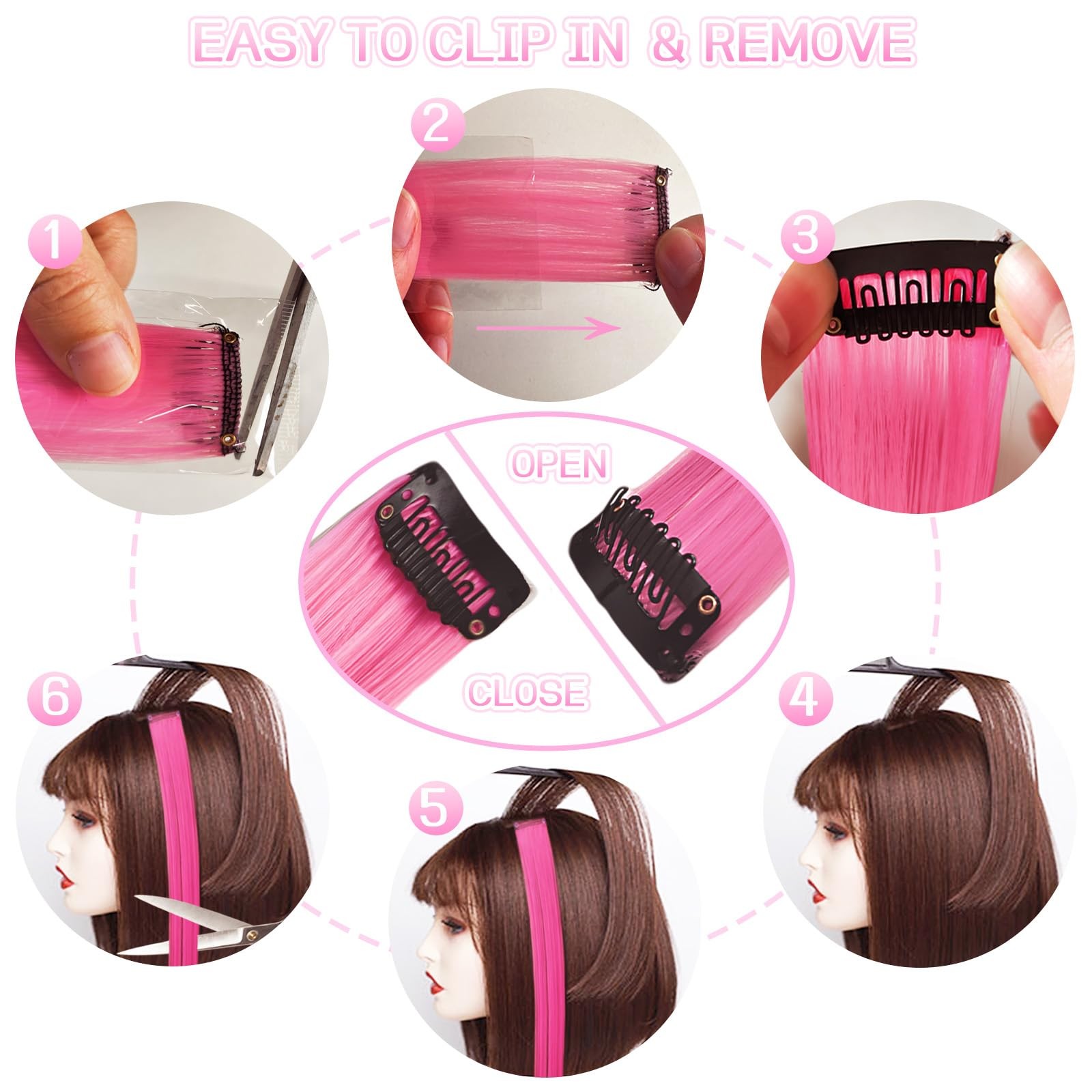 Pink Hair Extensions Clip in, 22″ Colored Highlights Hair DIY Accessories