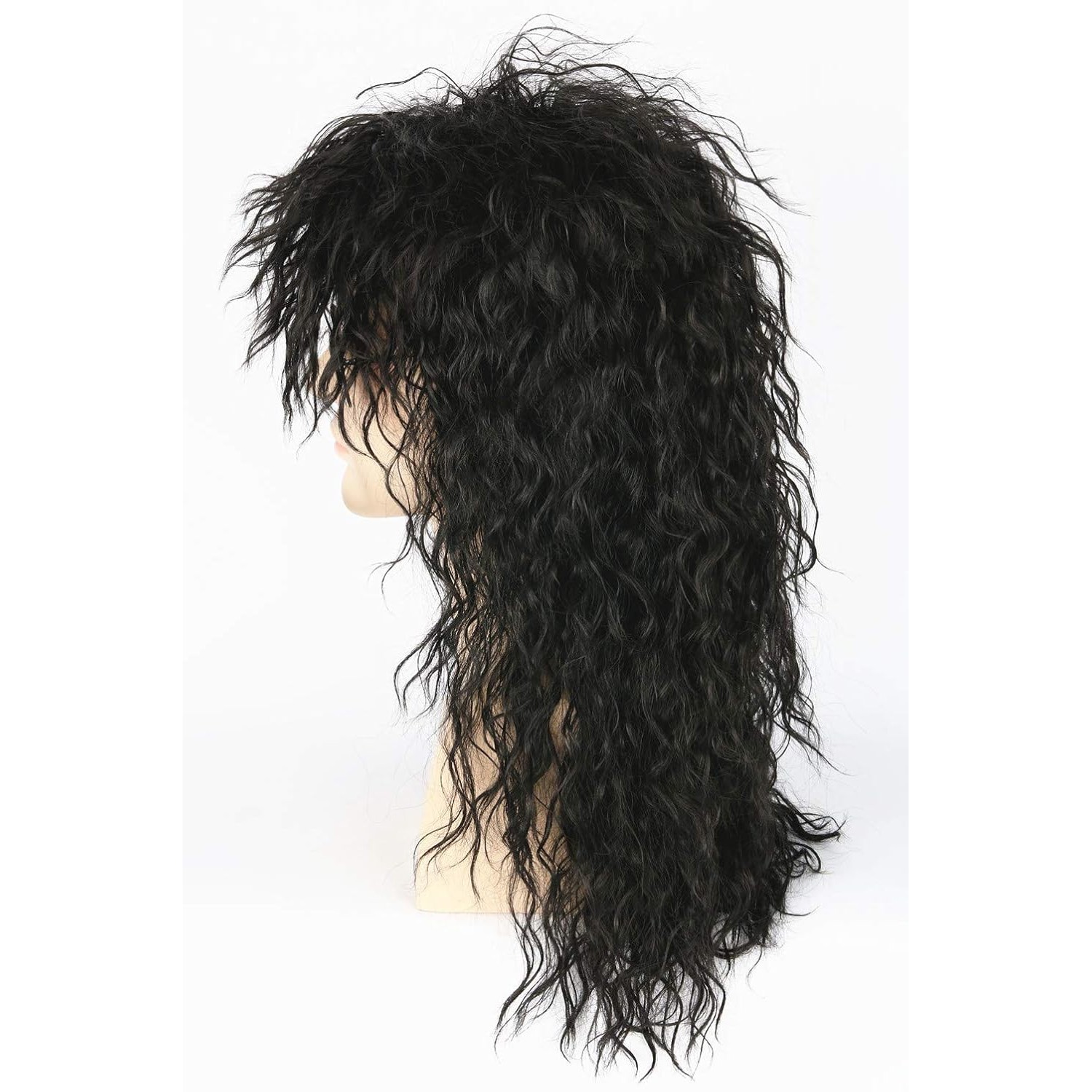 Men’s 80s Black Mullet Wigs Long Curly Black Rocker Metal Mullet Wig Party Gifts