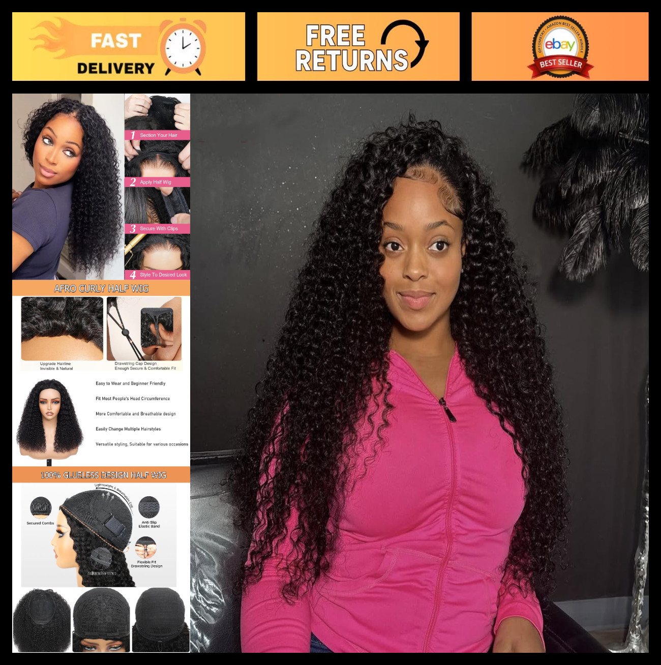 26″ Kinky Curly Half Wig 200 Density Glueless 3-in-1 Drawstring Clip-In Natural