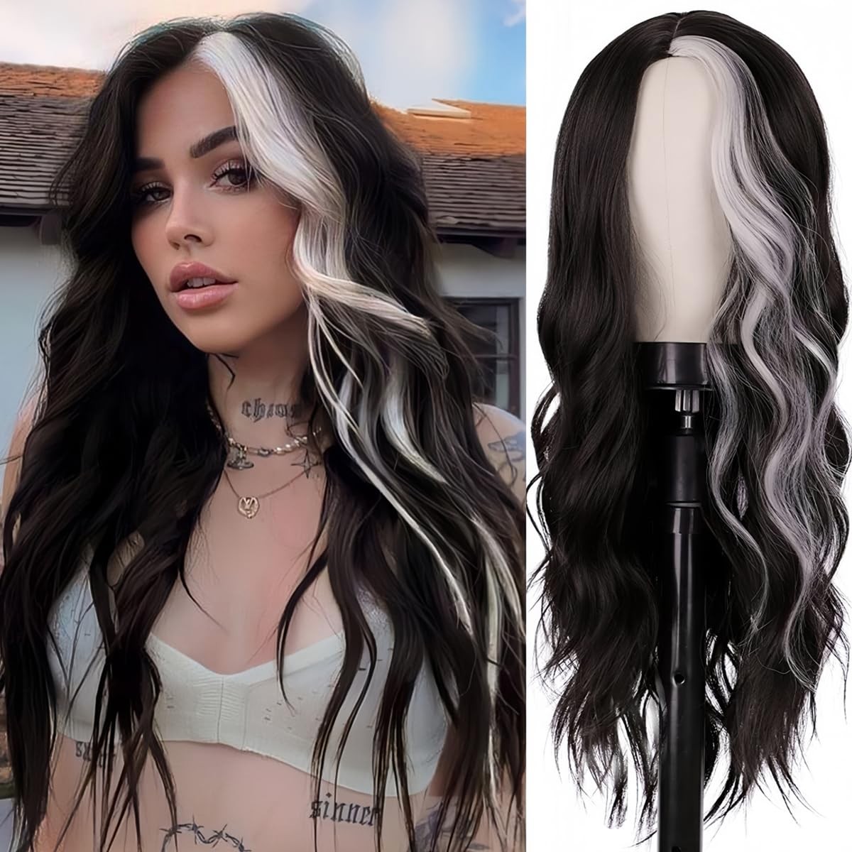Long Wavy Black White Wigs for Women 26 Inch Middle Part Curly Wavy Wig Natur…