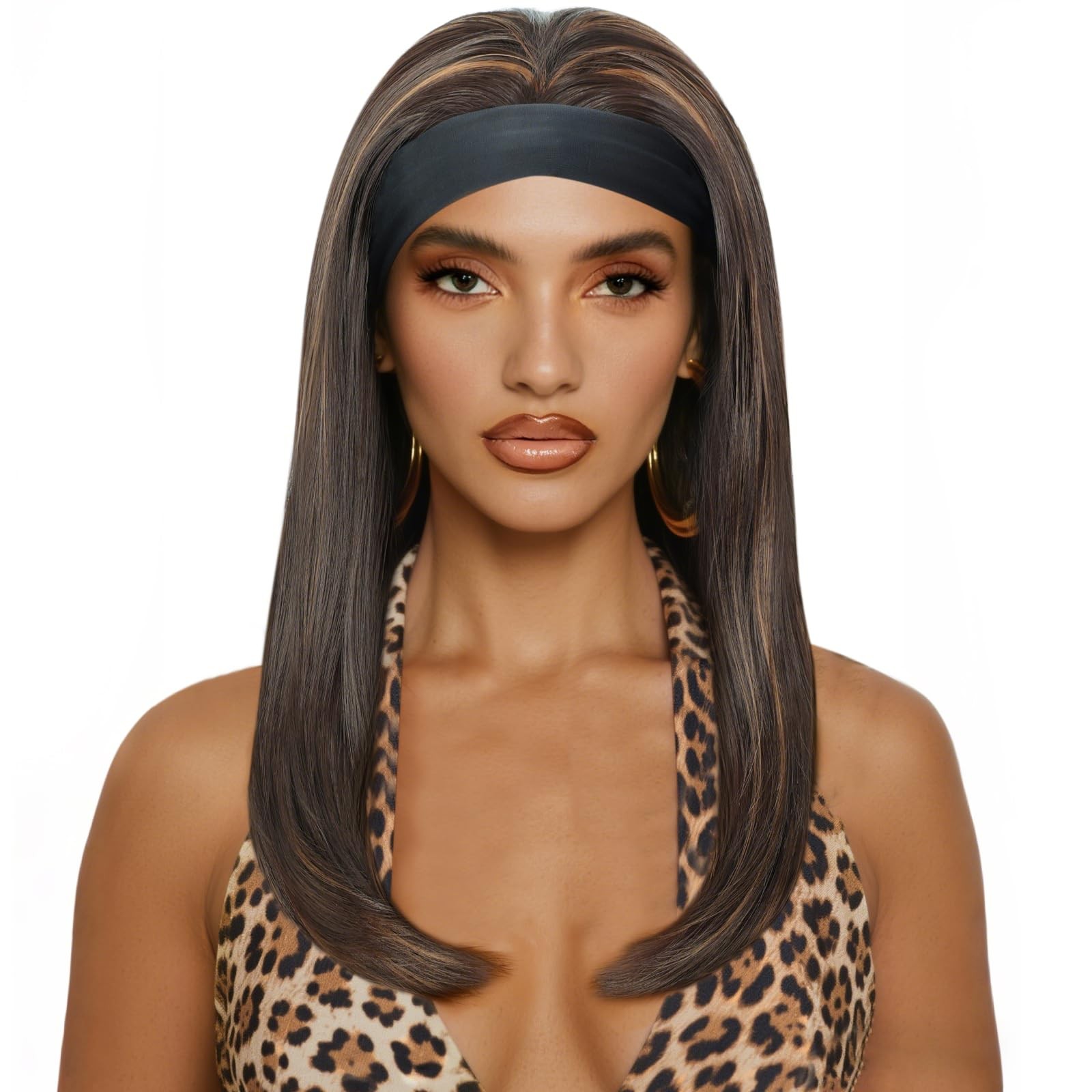 18″ Long Highlight Brown Headband Wigs for Dark Brown Headband with Highlight…