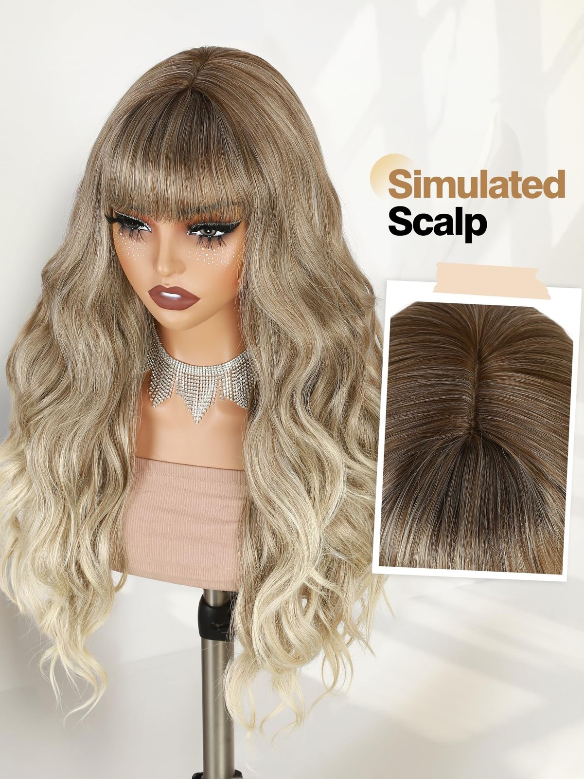 Dirty Blonde Wig with Bangs Long Curly Wavy Wig with Blunt Bangs for Women 26…