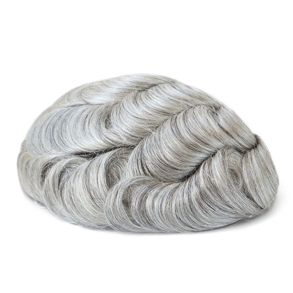 Mens Human Hair Replacement System Injection Skin Toupee Grey Hair Piece#1B80