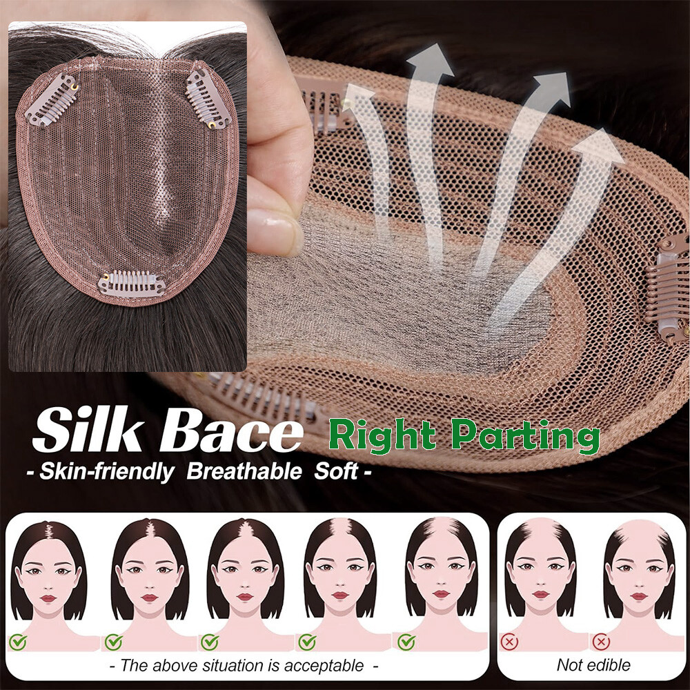Silk Base 100%Human Hair Topper Clip in Hairpiece Wig Toupee Top Piece Side Part