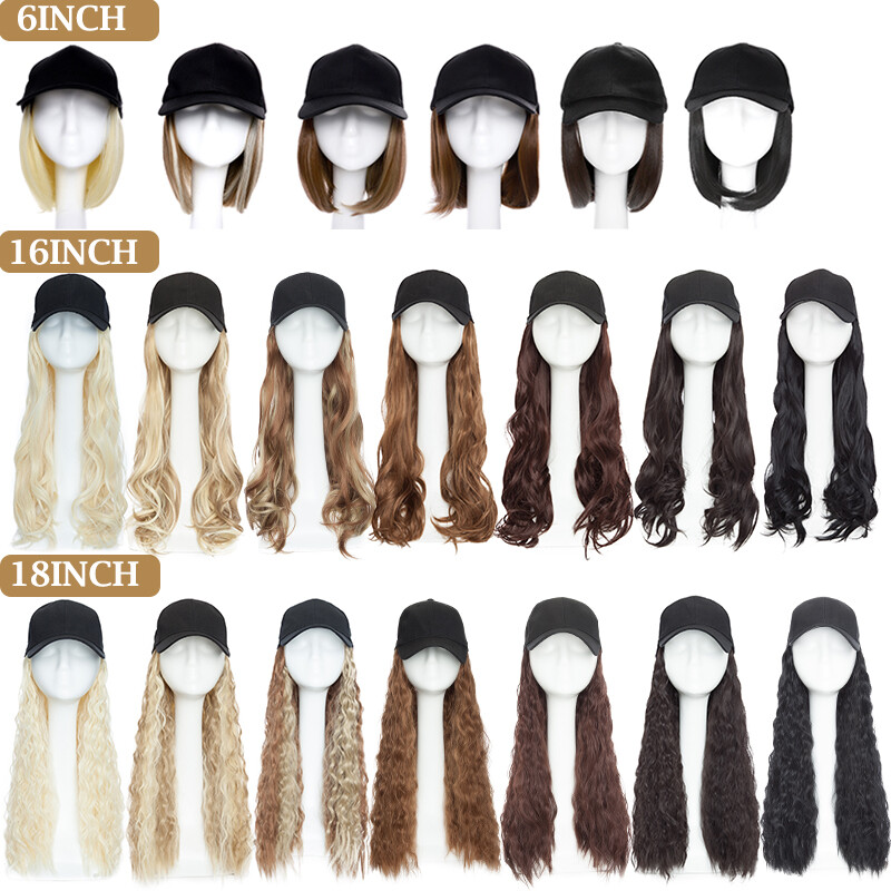 Baseball Cap Synthetic Long Straight Natural Curly/Wavy Hat With Hair Extensions