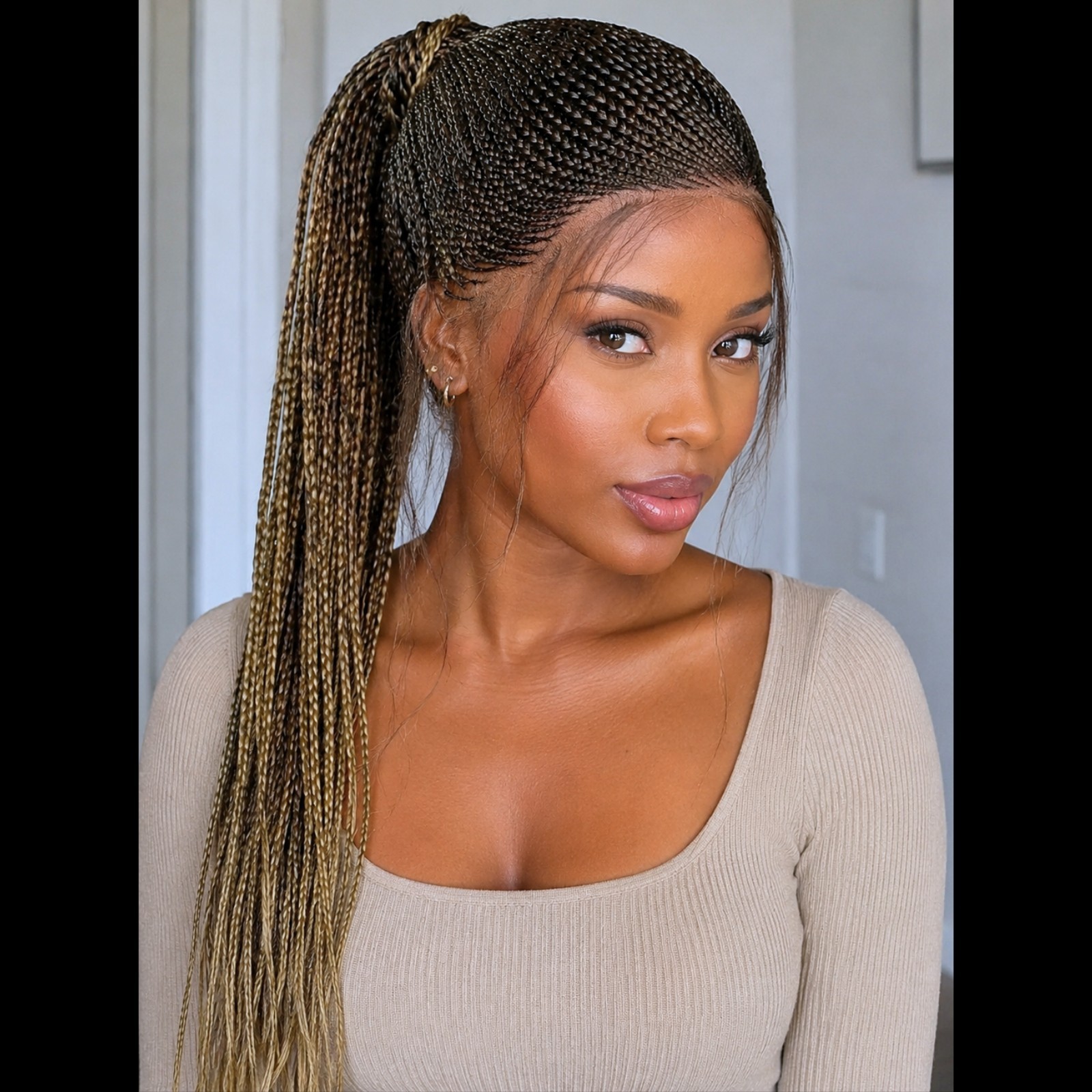 Braided Wig Full Lace 24″ 2/27 Ombre Micro Braids Glueless Ponytail w/ Baby Hair