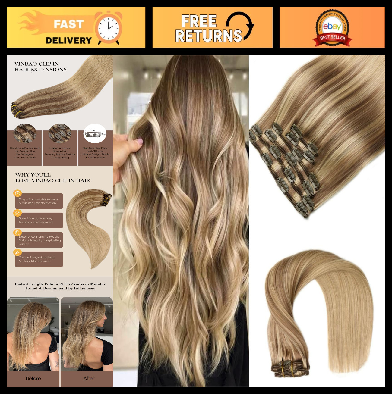 18″ Clip-In Human Hair Extensions 6pcs 120g Balayage Light Brown to Caramel Blon