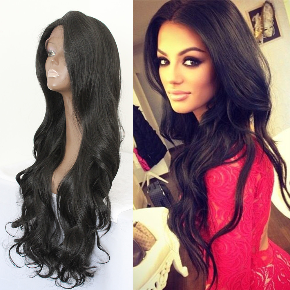Long Black Synthetic Lace Front Wig Body Wave Fiber Synthetic Lace Wig For Women