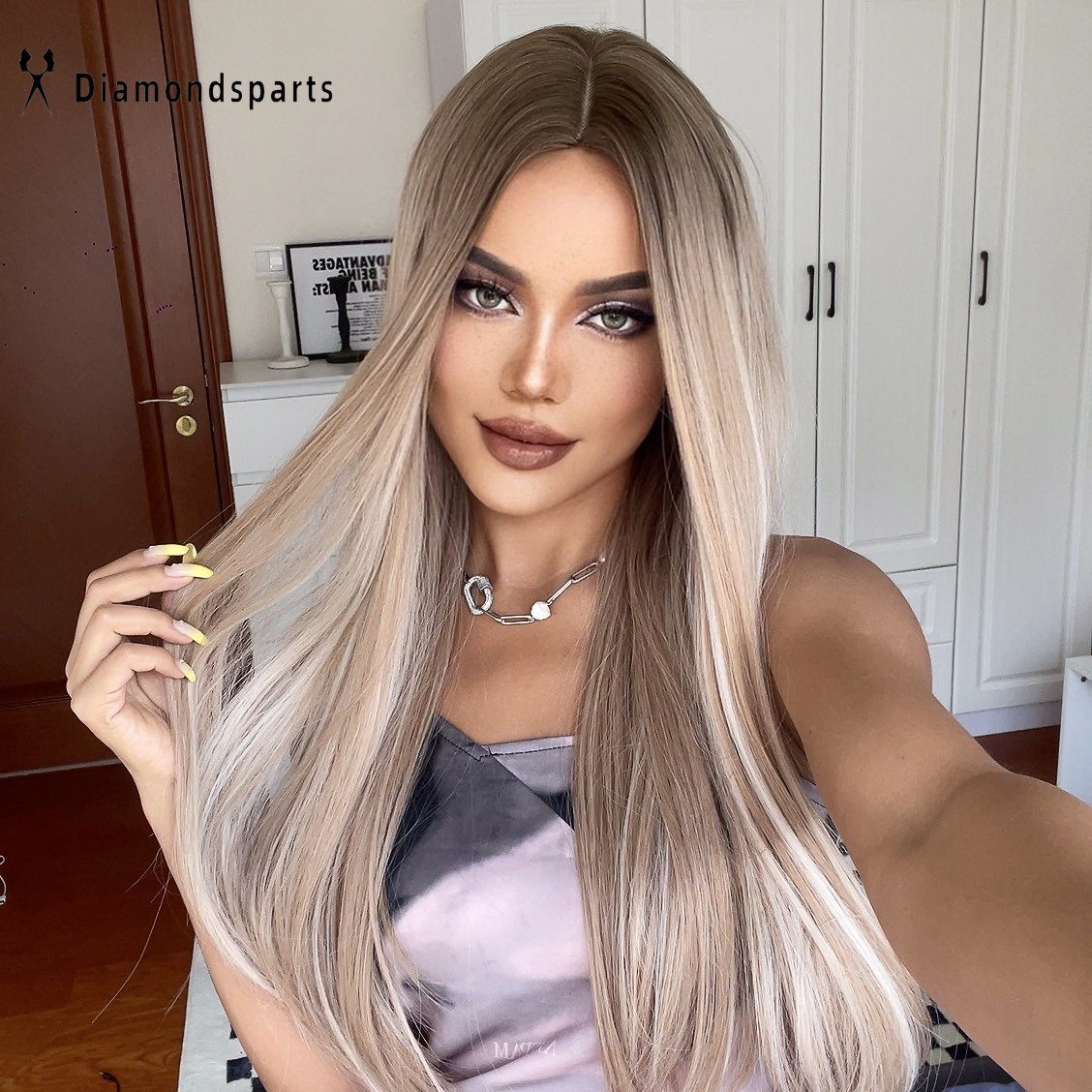 US Honey Brown Mixed Blonde Synthetic Wigs Long Straight 26 Inch Wigs Daily Use