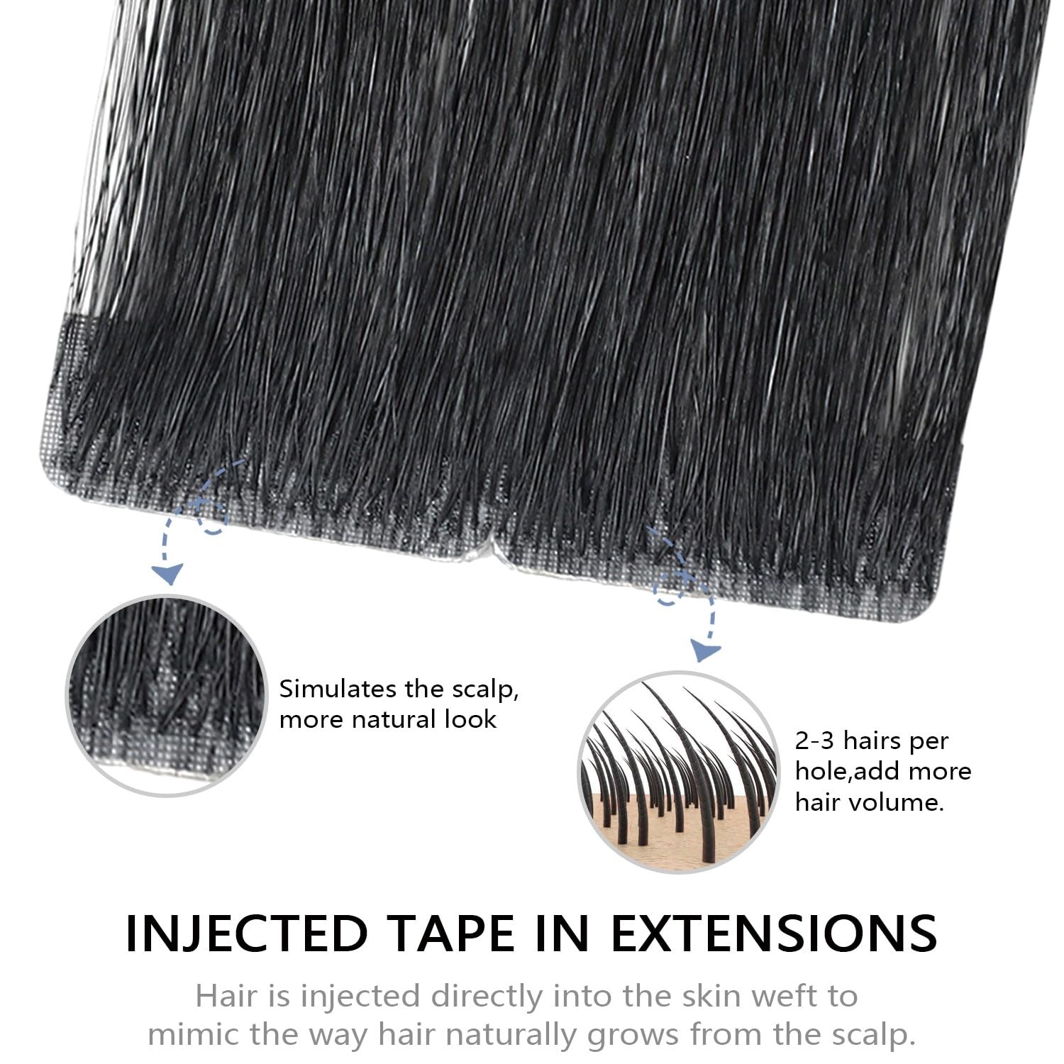 Invisible Seamless Tape-In Hair Extensions, Jet Black, 16 Inch, 20 Pcs, 35g Huma