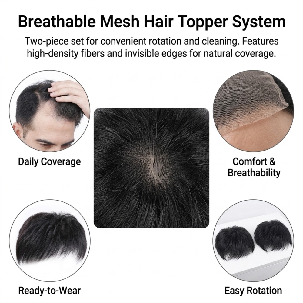 Men’s Hair Topper Invisible Breathable Mesh Hairpiece Natural Black 2 Pieces
