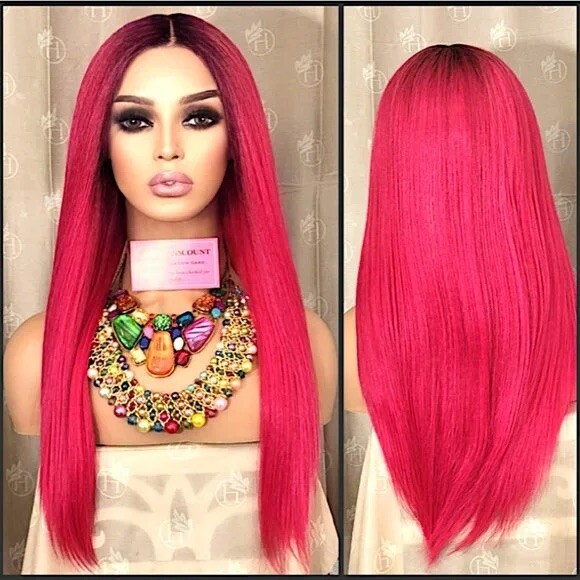 Hot Pink Synthetic Low-Tangle Lacefront with Black Roots & Babyhair