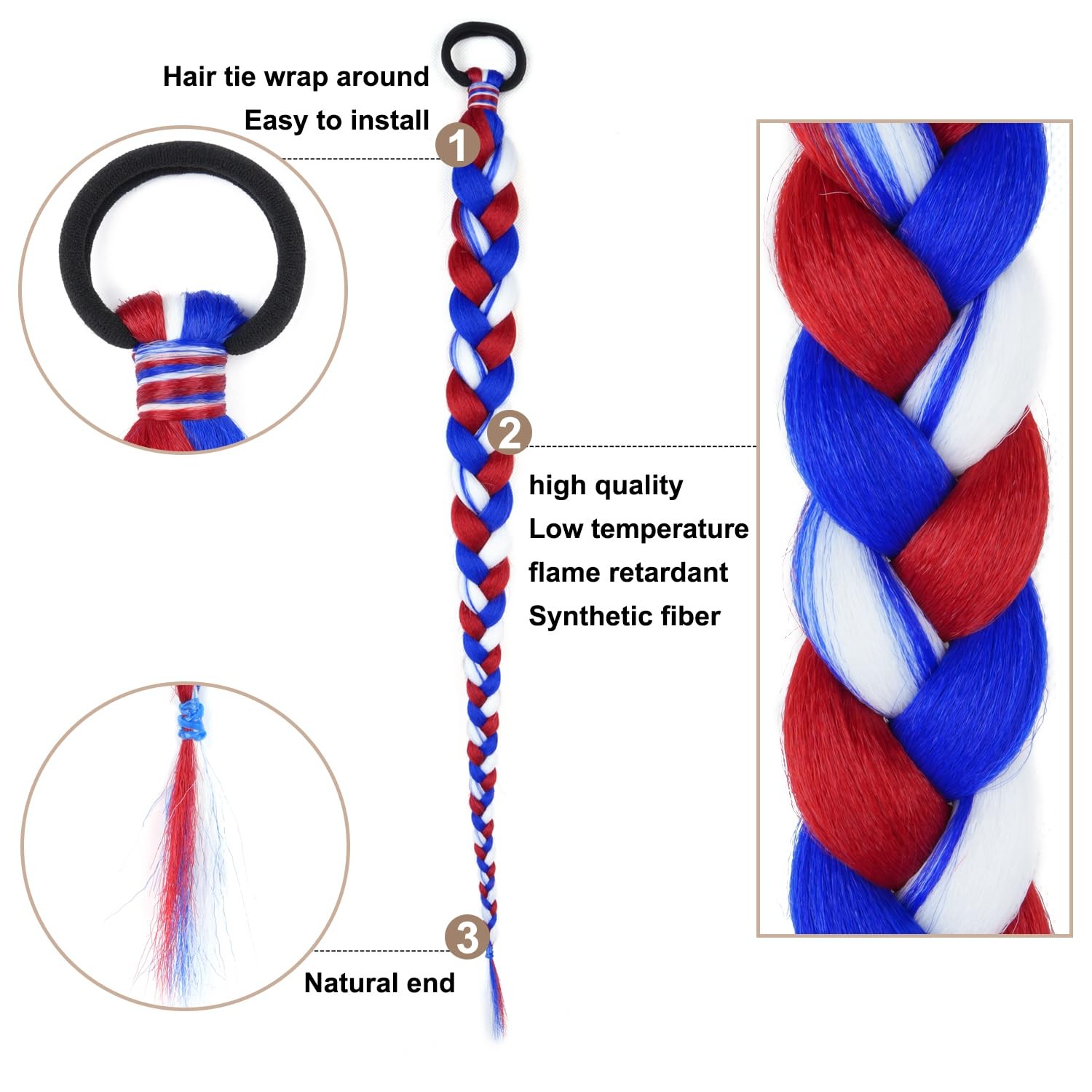2 Pack Braid Ponytail Extension with Elastic 23 Inch（Pack of 2） Red/White/Blue#