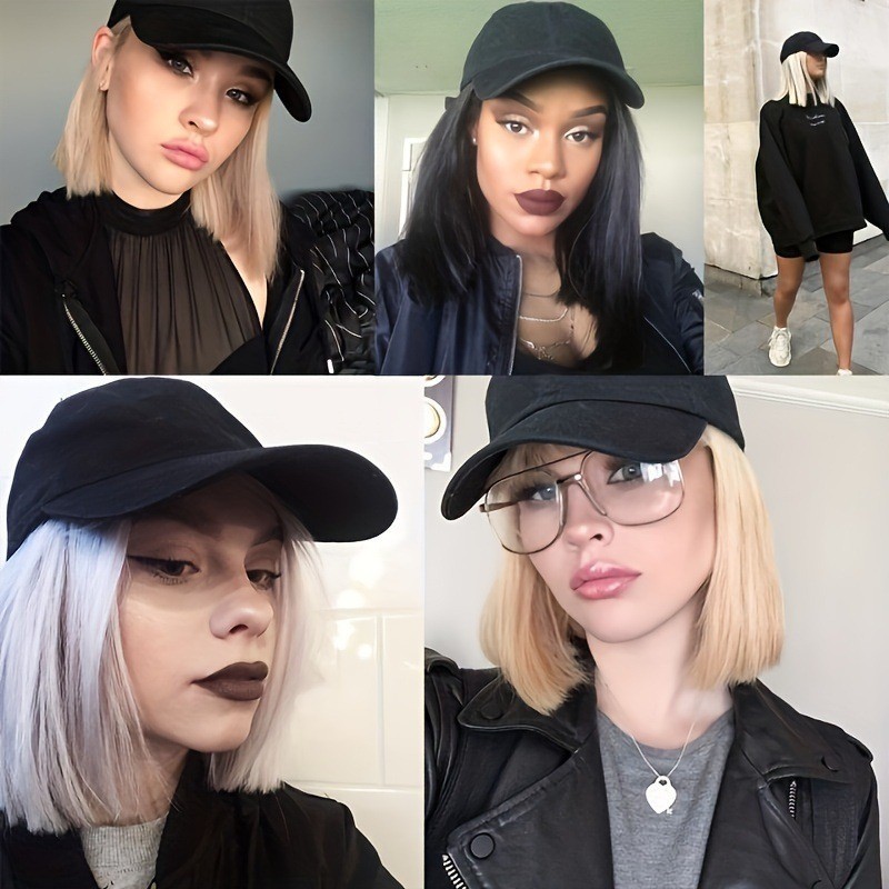 Women’s Baseball Cap with Hair Attached Bob Wig Hat Synthetic Hair Wig Cap