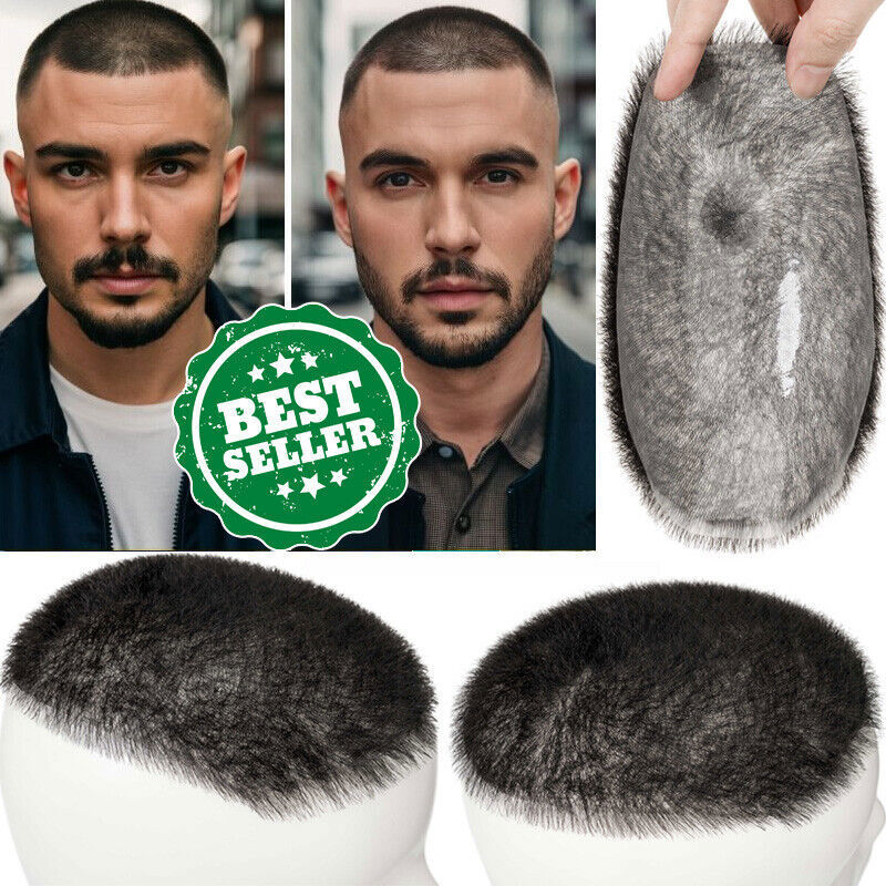 Men Short Buzz Cut Hair PU Thin Skin Toupee Human Hair Scalp Replacement