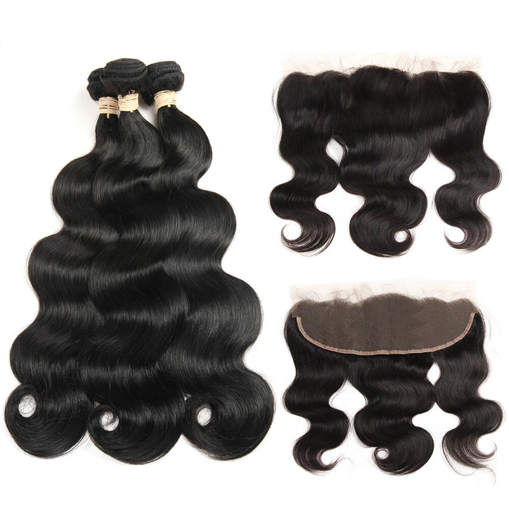 100% Human Hair Black color 1B Body Wave 3 Bundles with Frontal