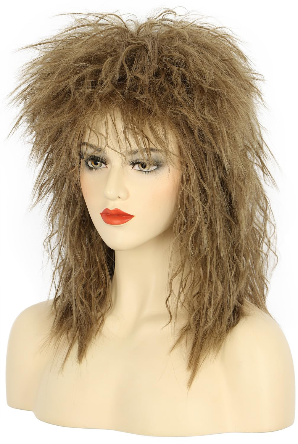 Women Men Long Curly Light Brown Wig 70s 80s Rocker Mullet Costume Wig Halloween