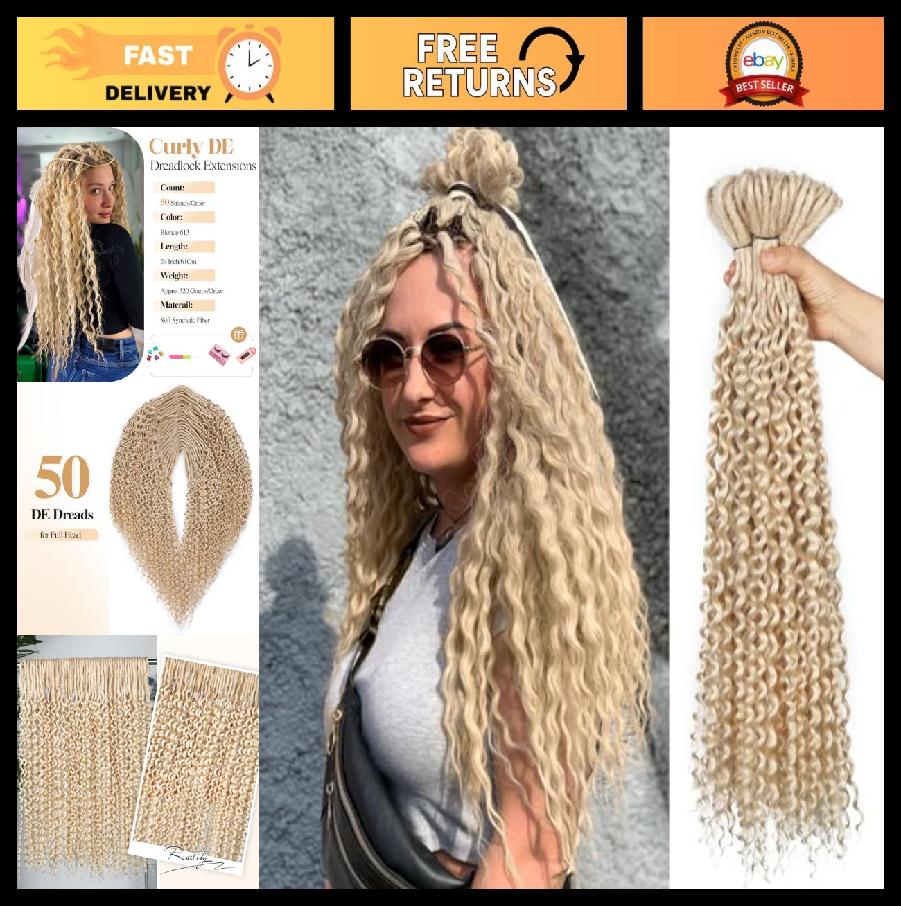Double Ended Platinum Blonde Curly Dreadlock Extensions – 50 Strands Wavy Croche
