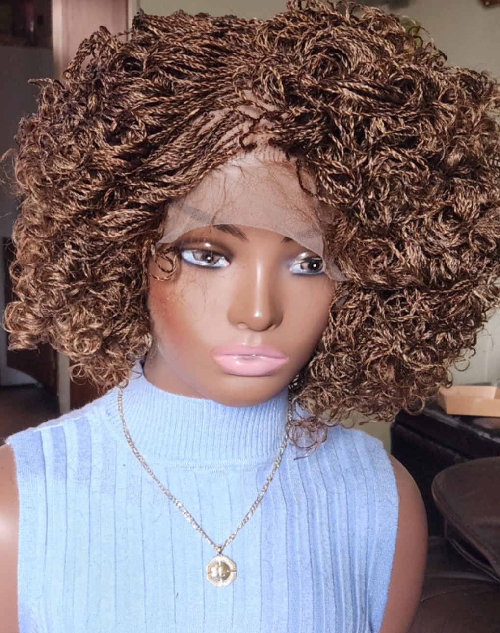 Handmade braided Senegalese twist curly wig Brown