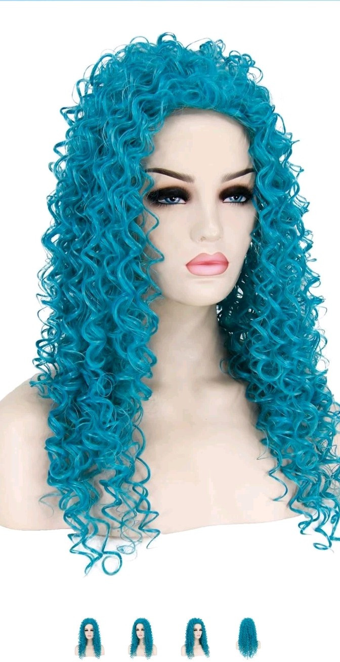 Women Girls Blue Long Curly Wavy Cos Halloween Wig Fashion Costume Party Cosplay