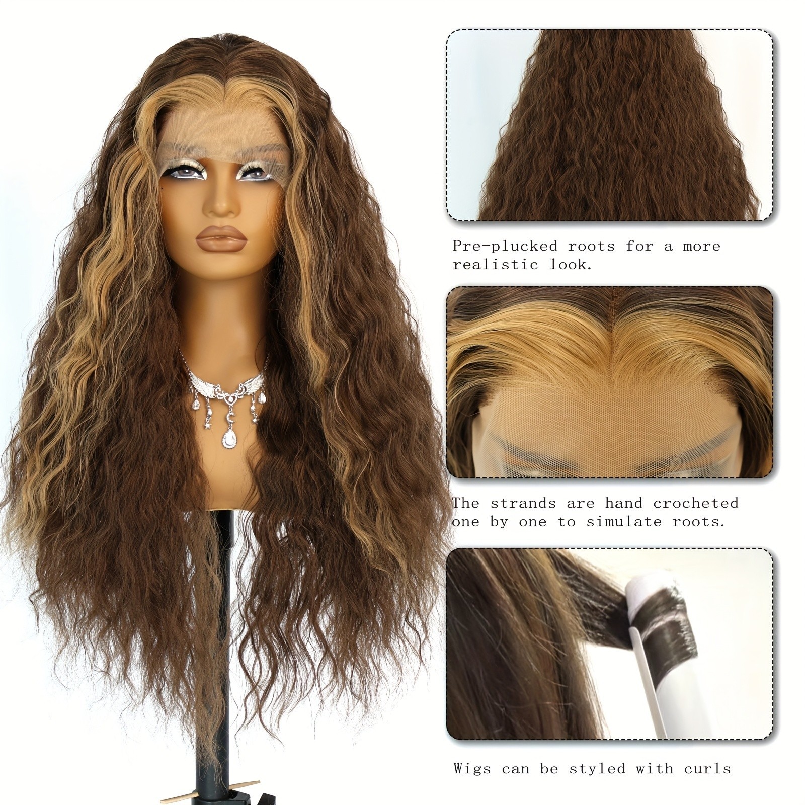 Brown Blonde Highlights Loose Curly Glueless Lace Front Wigs Pre Plucked Women