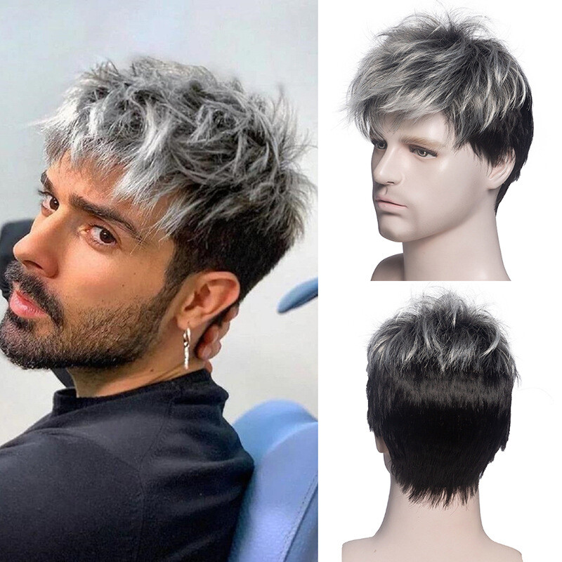 Mens Natural Short Straight Wigs Real Male Full Hair Wig Party Cosplay Toupee