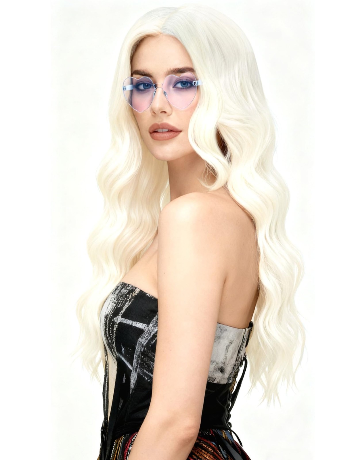 23.62 Inch Long Wavy Wig Middle Part for Women and Party Sunglasses, Curly Wa…