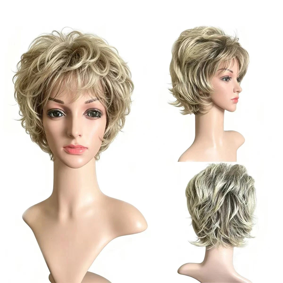 Natural Blonde Highlight Short Fluffy Curly Wig Heat Resistant Synthetic Wig for