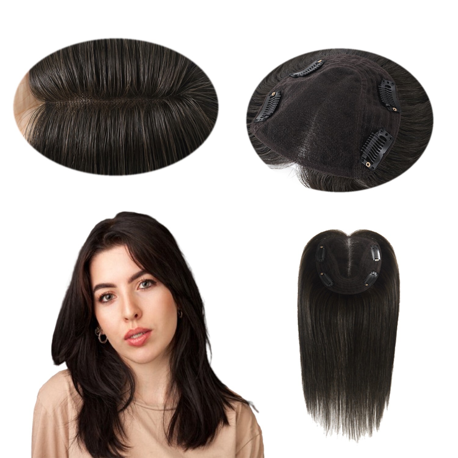 Topper for Women Durable Lace Toupee Human Hair Top Pieces TP79 #1B