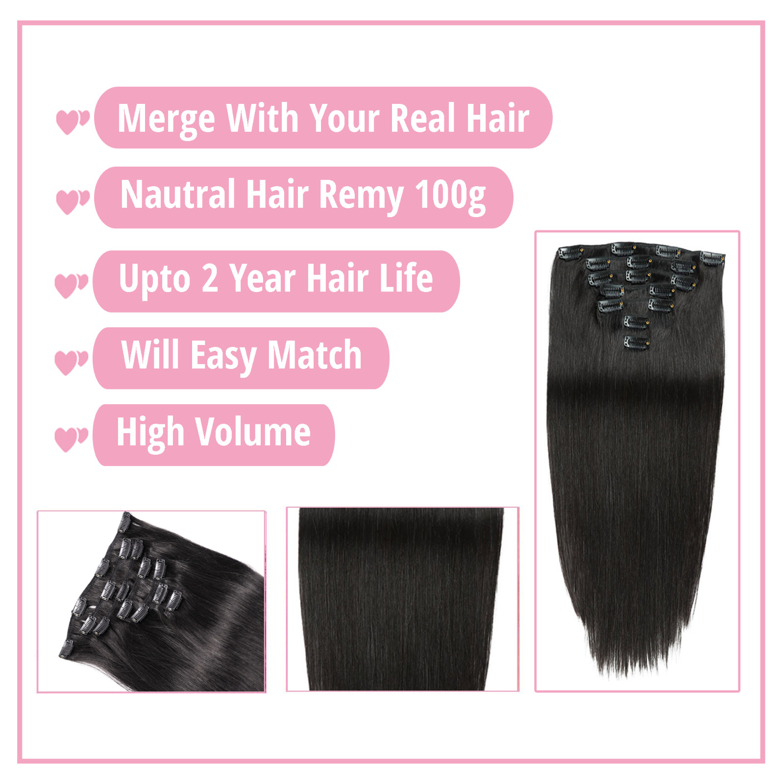 Real Human Hair Clip in Hair Extensions, Unprocessed & 100% Handmade Pure 100g