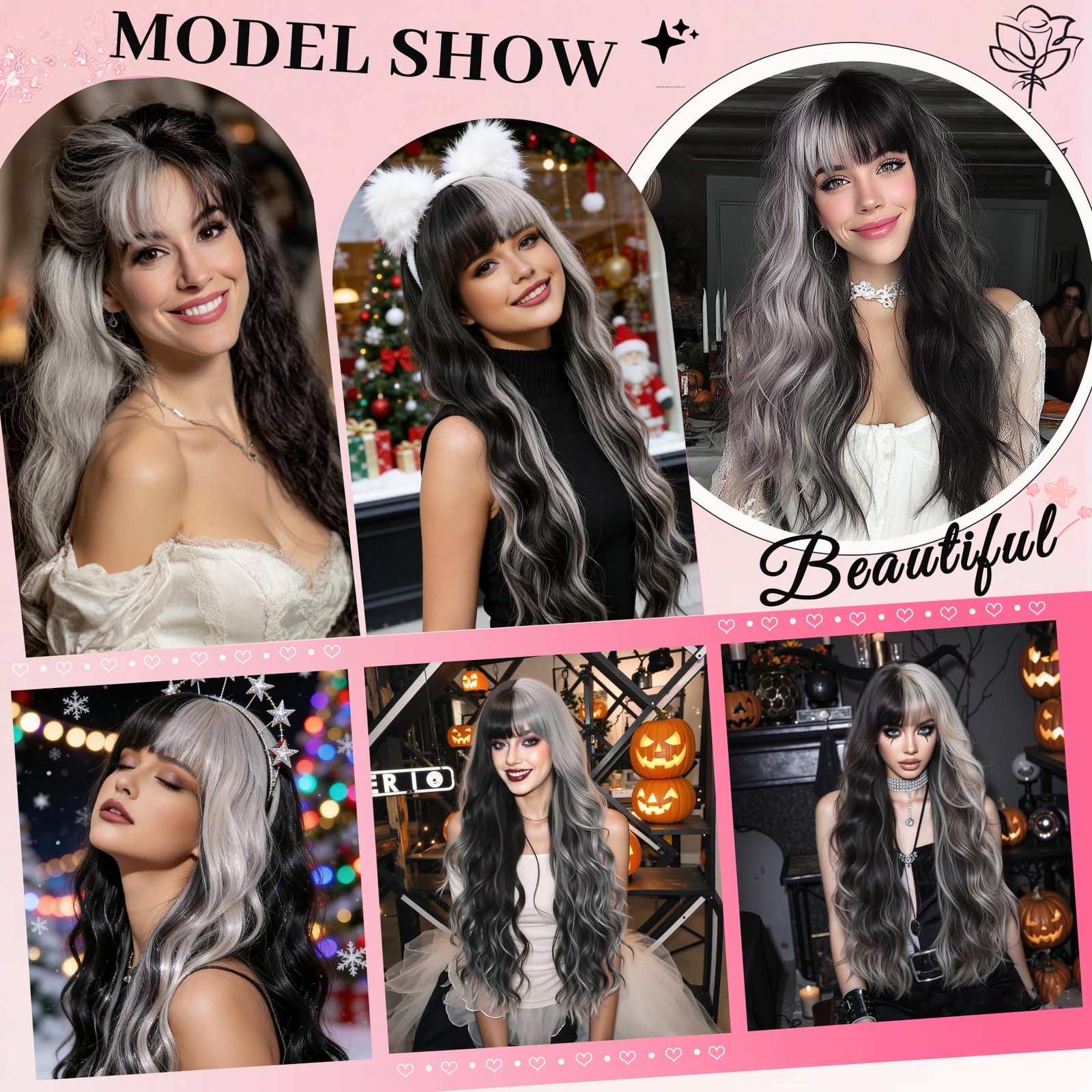 Silver Grey Black Highlighted Wig Long Wavy Wig with Bangs Synthetic Wigs for…