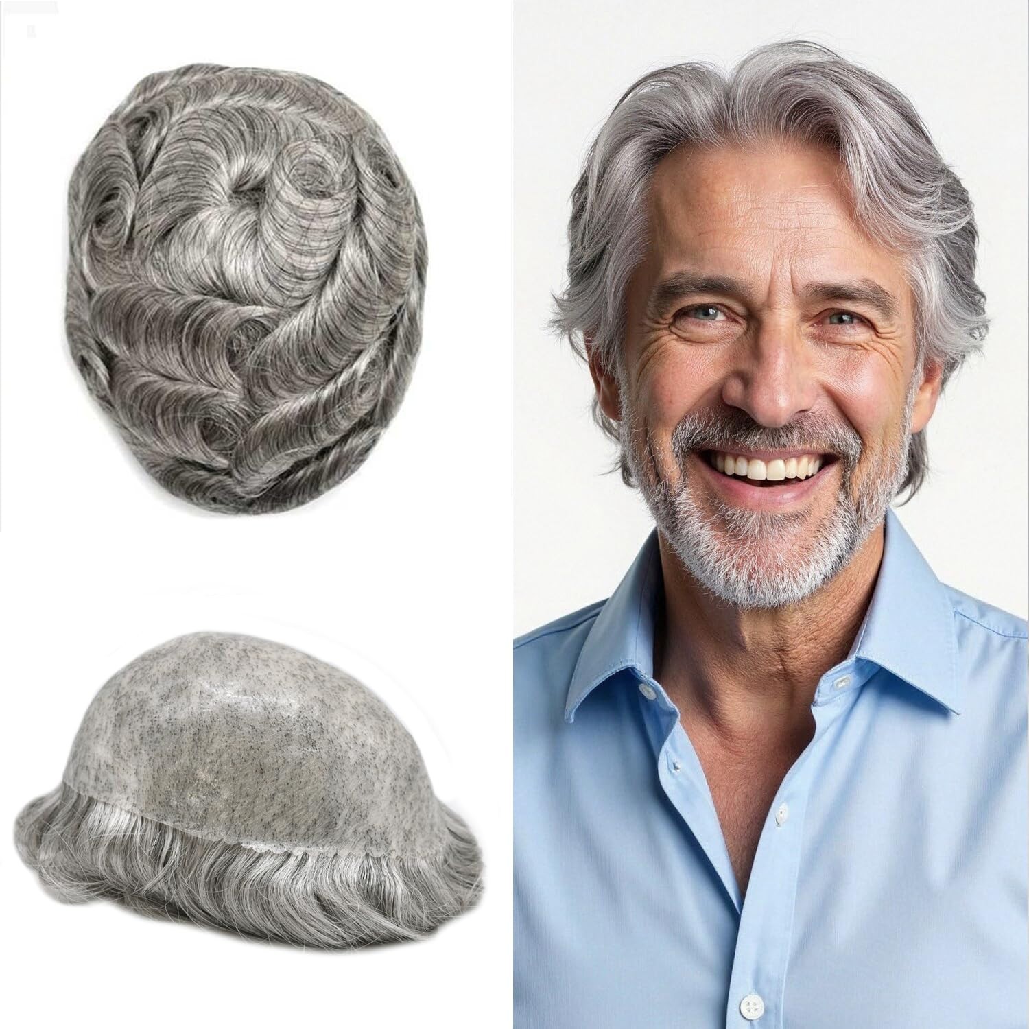 Mens Toupee Human Hair Replacement System Poly Thin Skin Wig Hairpiece