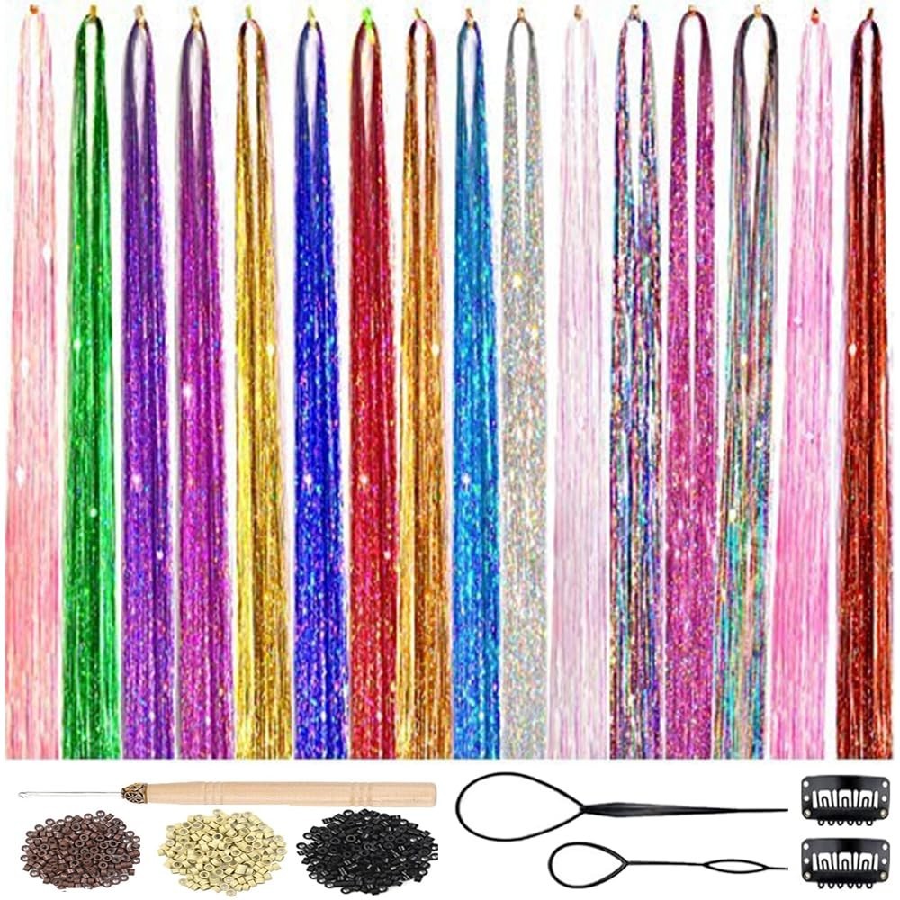 16 Color Fairy Hair Extensions Kit – 48 Inch Heat Resistant Sparkling Strands