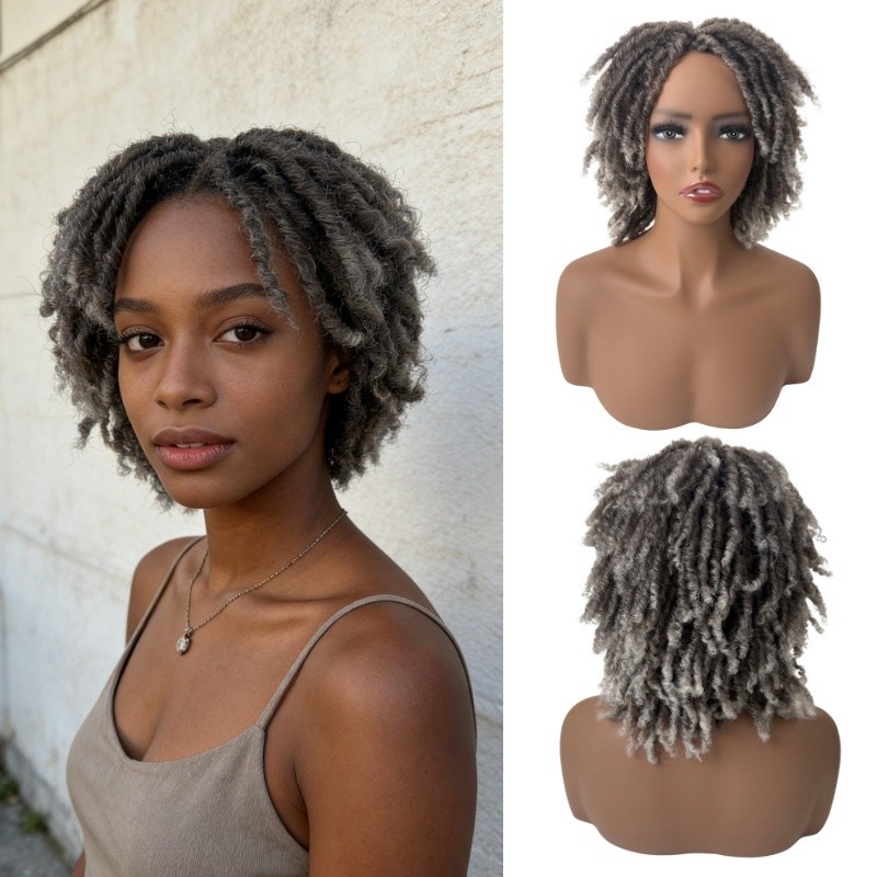 Short Dreadlock Wig 12 Inch Synthetic Fiber Curly Braided Wig Rose Net Cap 1B#
