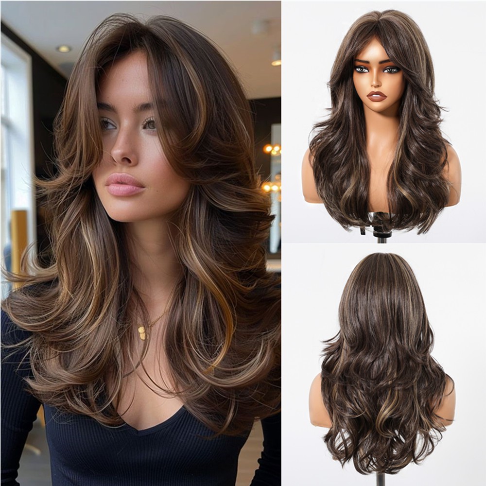 Mixed Brown Women Natural Synthetic Hair Dress Up Wigs With Bangs Long Wavy