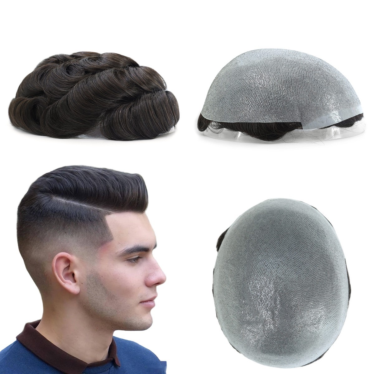 Mens Toupee Human Hair Replacement System Thin Skin Off Black BIO Hairpieces #1B