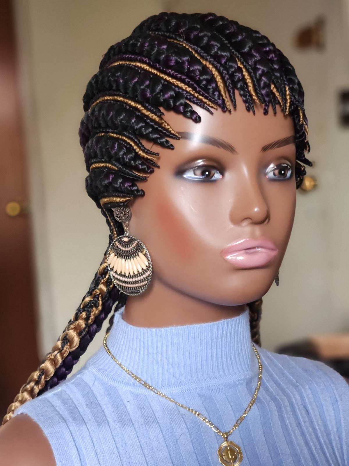Fully hand braided Ghana banana cornrows wig All back down 1B mix dark purple/27