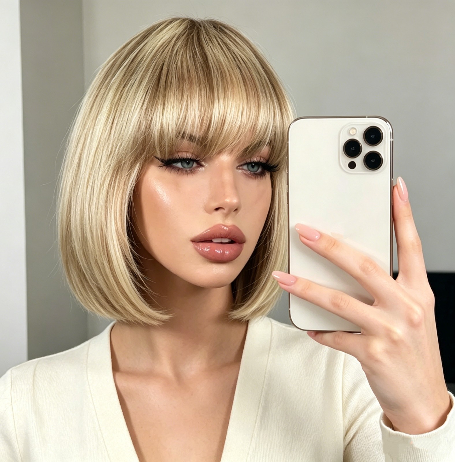 Short Blonde Highlight Bob Cut Wigs Human Hair Wig with Bangs Full Machine Made