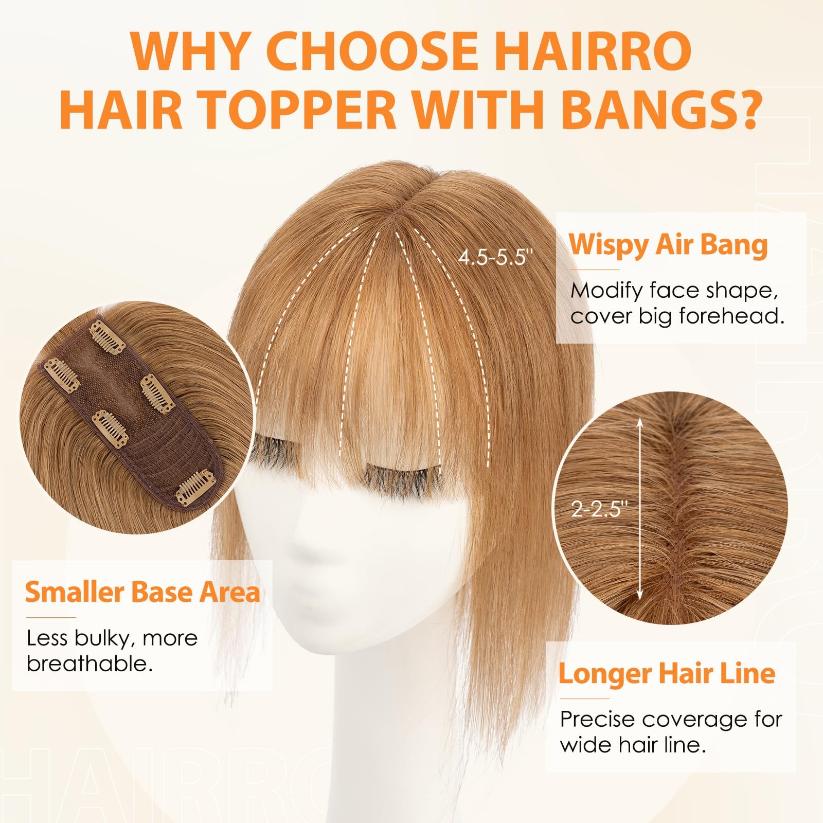 Hairro Human Hair Toppers For Women Wispy Air Bangs 3D Cover Remy Top Hair