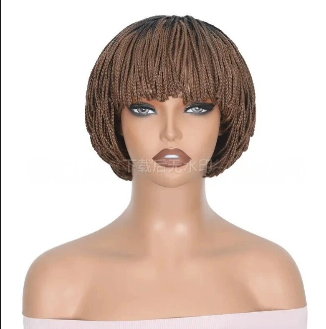 Ombre Brown Short Bob Box Braided Wig with Bangs for Black Women Daily Use