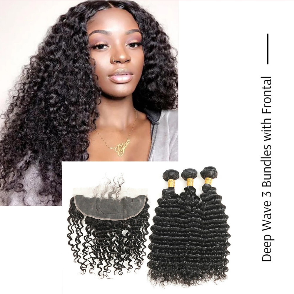 100% Human Hair Black color 1B Deep Wave 3 Bundles with Frontal