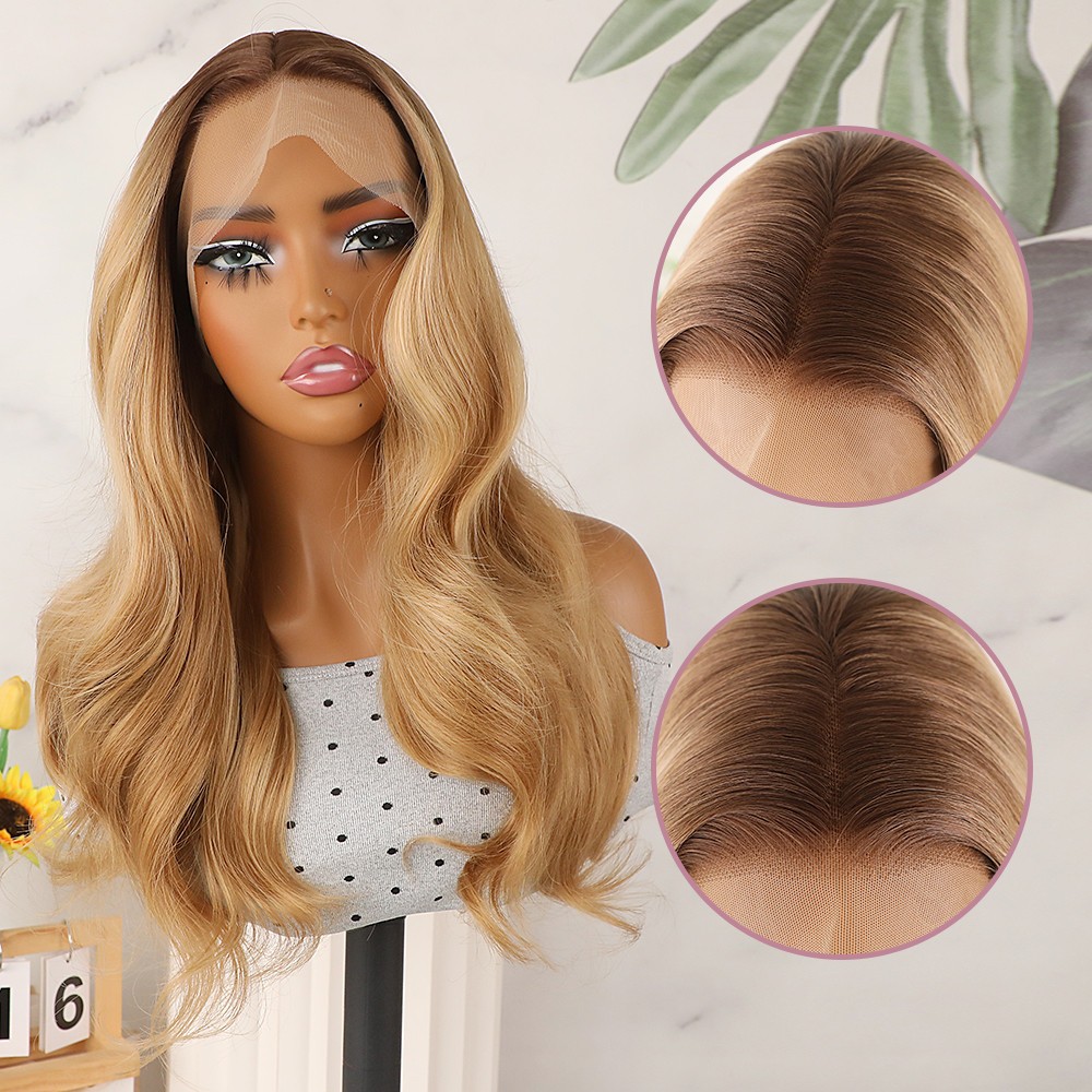 Ombre Brown Roots Blonde Lace Front Wigs Long Wavy Pre Plucked Natural Hairline