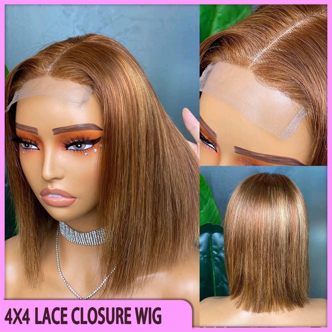 12A 12INCH RAW PERUVIAN HAIR 4×4 LACE CLOSURE WIG STRAIGHT 180% DENSITY P4#/27#