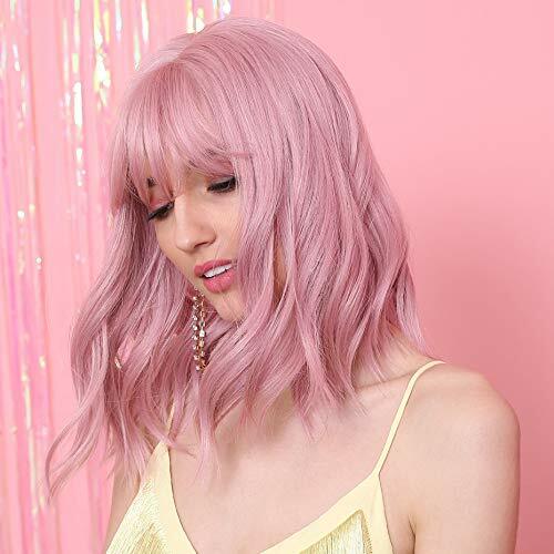 Women Girls Pink Bob Wig with Bangs Short Wavy Pink Bob Wig Synthetic Bob Wig US