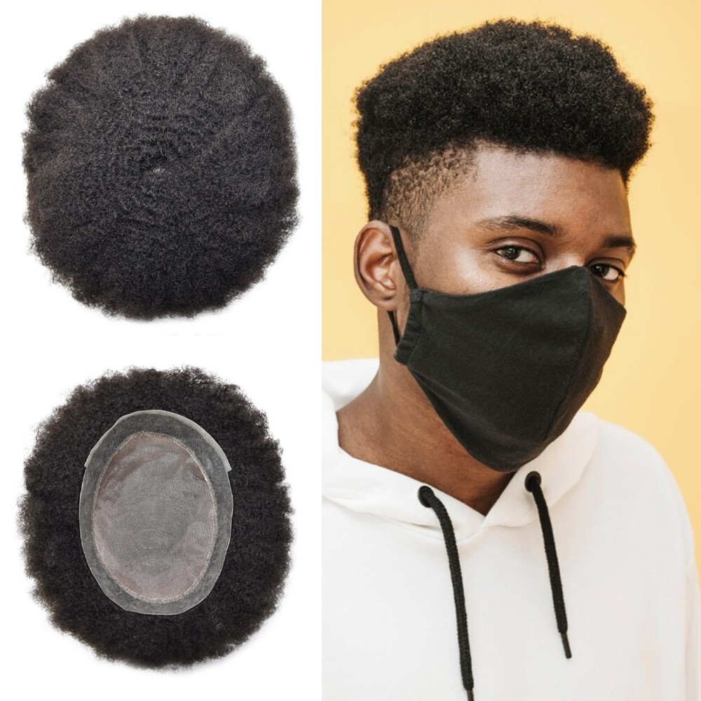 US Afro Kinky Curly Mens Toupee Black Men Hair Units Replacement System Durable