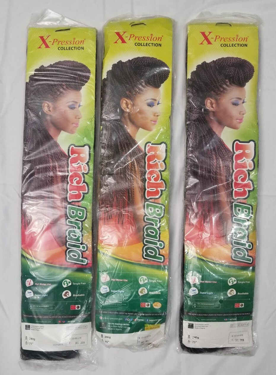 3 XPression Rich Braid 240g by 75″Long Braiding Hair 100% Kanekalon 1, 27, Pur