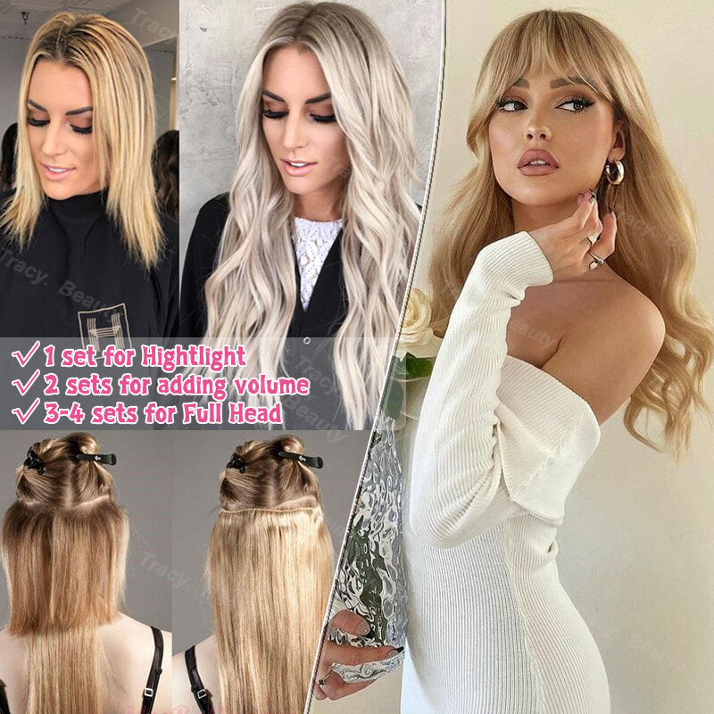 Smooth 8Pieces Clip In Human Remy Hair Extensions 100% Real Full Head Blonde USA