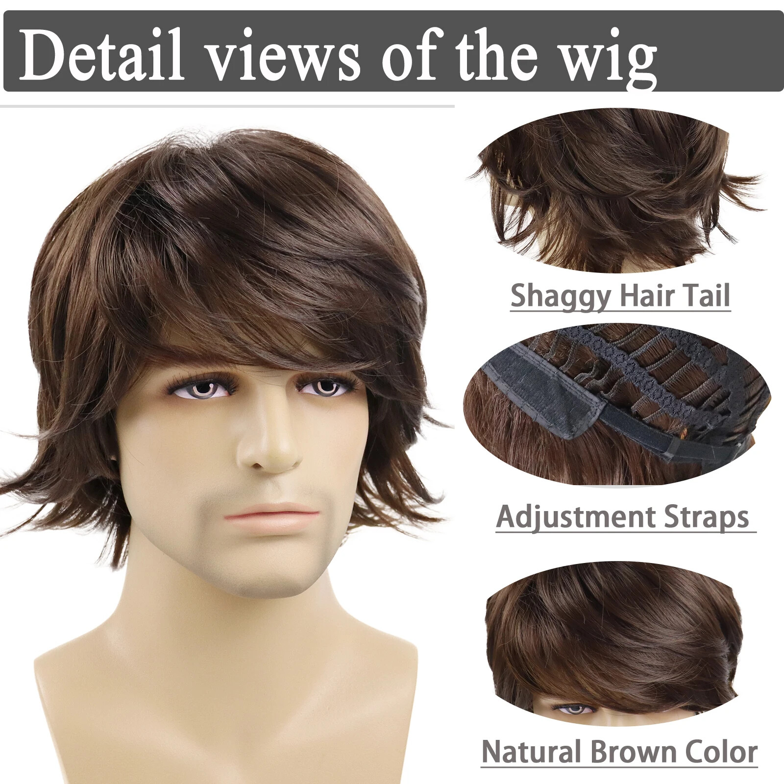 Men Short Brown Wig Natural Fluffy Synthetic Hair Wig Heat Resistant for Cosplay