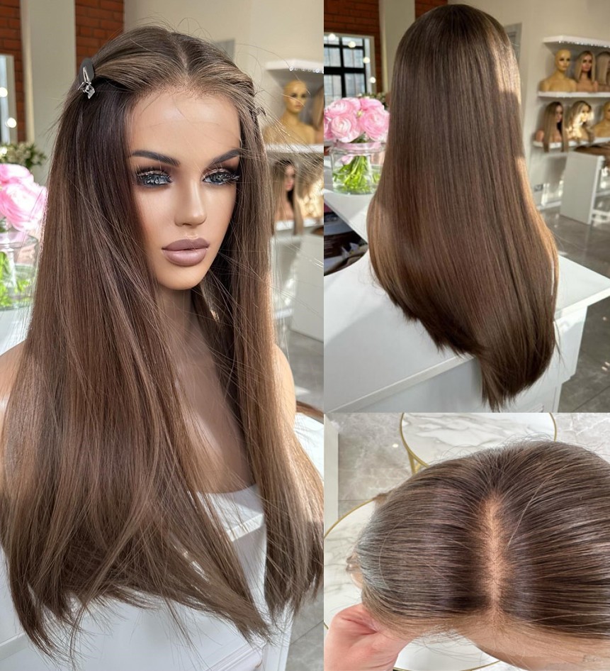 Long Straight Brown Synthetic Hair Heat Resistant Natural Frontal T Lace Wigs