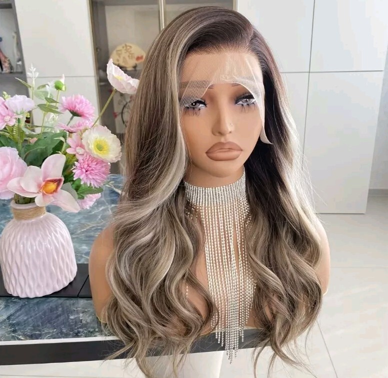 HD Lace Front Wig Human Hair Blend Highlights Straight Honey BROWN Blonde